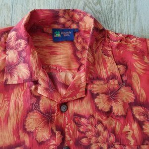 Vintage Roundy Bay Hawaiian Aloha Camp Shirt Men's L Orange/Red Floral V…